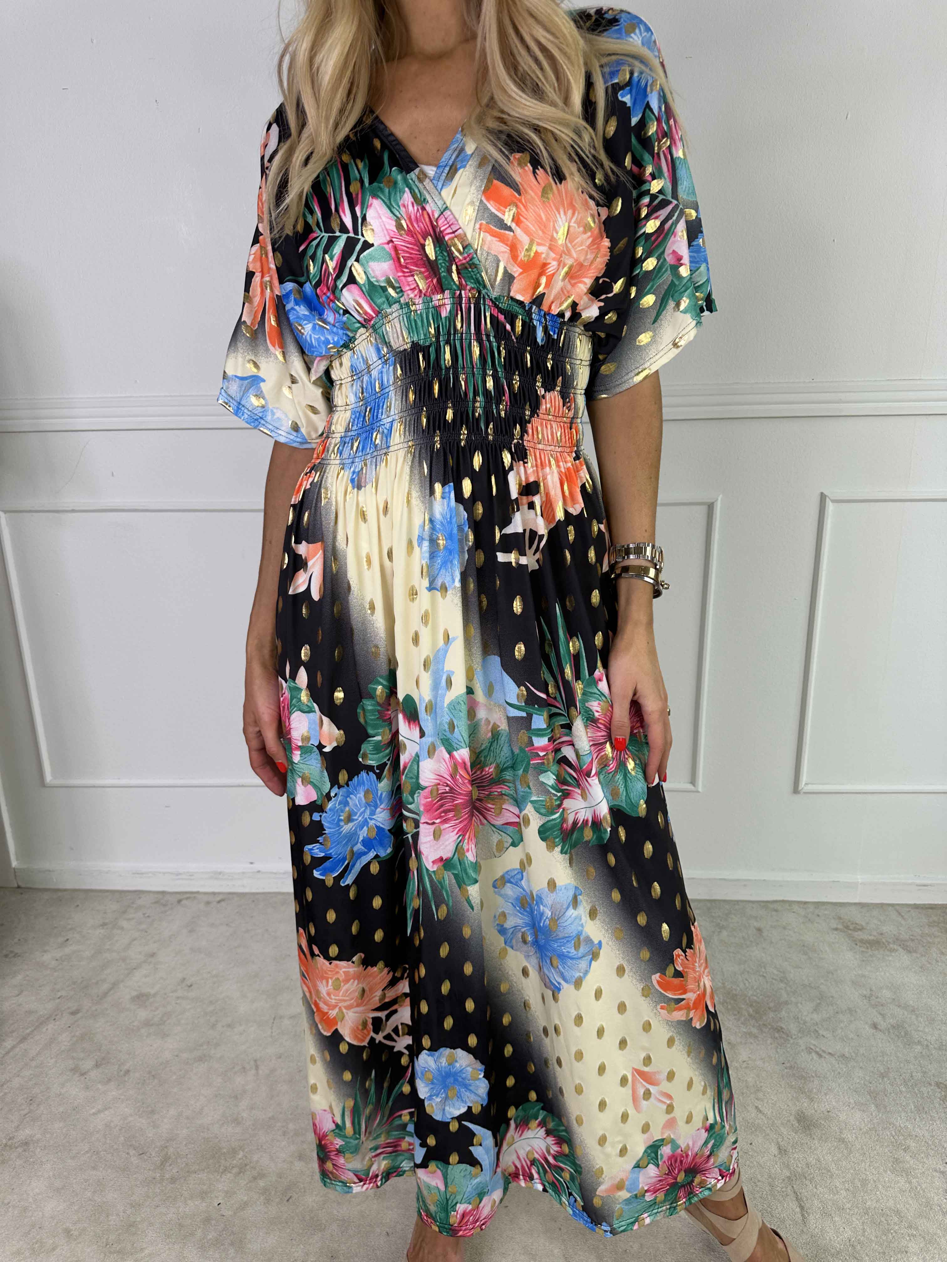 Pams Hawaii - Lang kjole i elastisk stof med blomsterprint